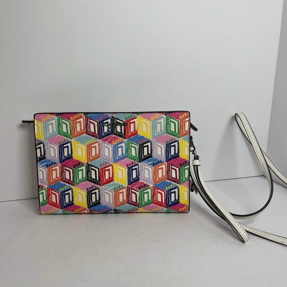 Karl Lagerfeld Crossbody Clutch Rainbow Cube Pattern Detachable Strap